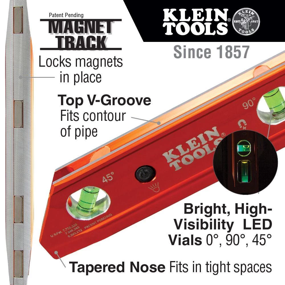 Klein Tools Lighted Torpedo Billet Level, Rare Earth Magnet, Model 935RBLT - Image 2